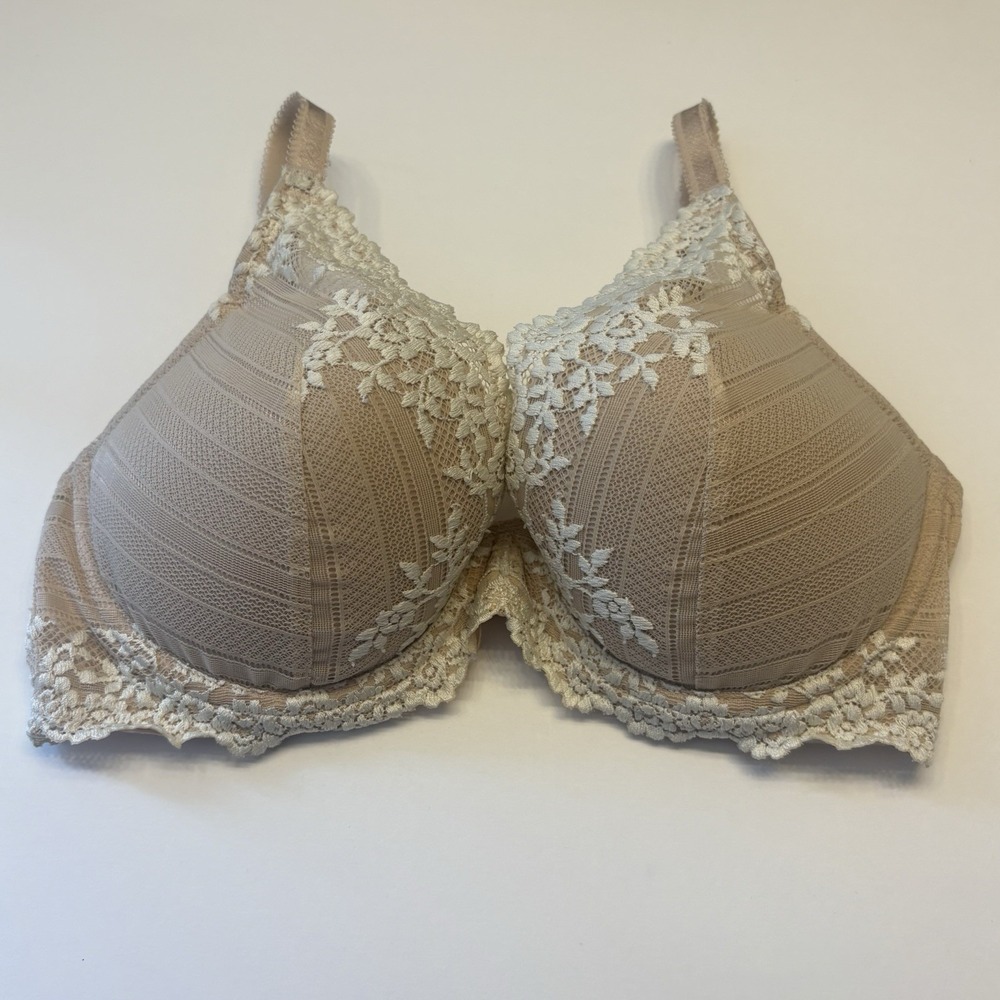 Wacoal 853291‎ Embrace Lace Plunge Underwire Bra Demi Foam Cups Size 34DD Beige